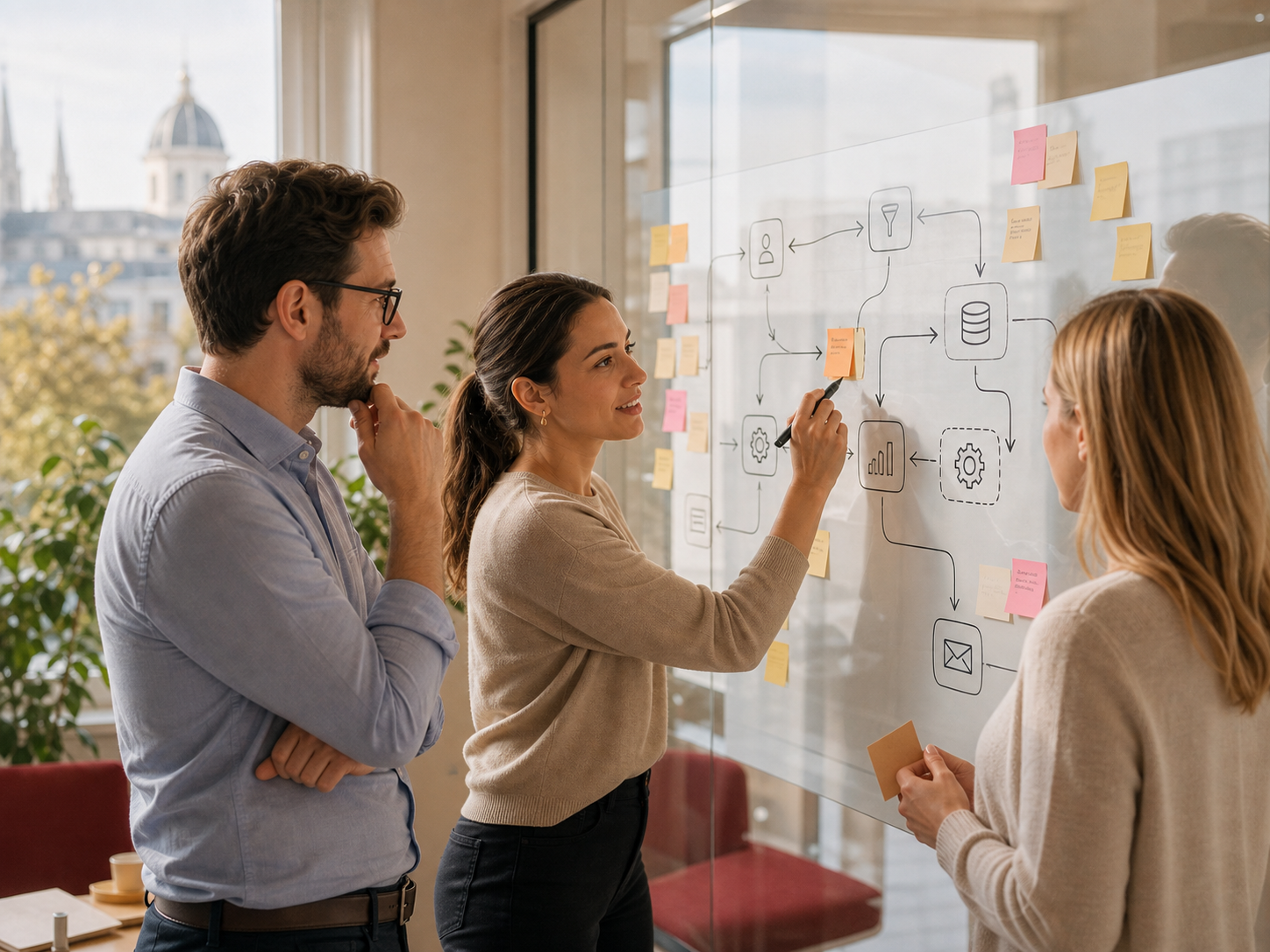 Team designing an automation workflow on a glass board