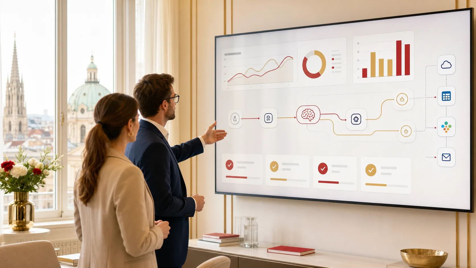 Berater pruefen Automatisierungs-Analytics auf einem grossen Bildschirm