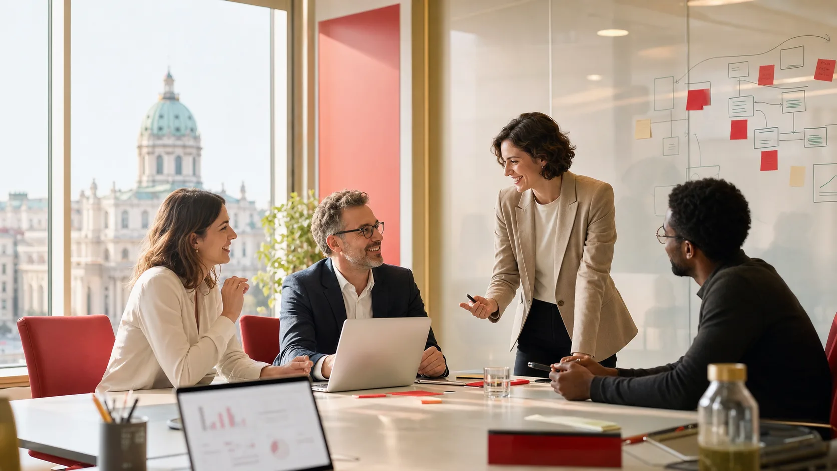 Business-Team plant AI-Automatisierung in einem hellen Wiener Buero